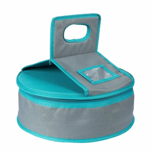 Insulated Round Thermal Casserole Food Carrier for Lunch, Teal and Grey Perspective: front