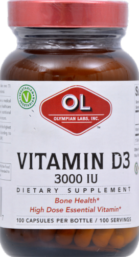 Olympian Labs Vitamin D3 Capsules 3000 IU 100 Count Perspective: front