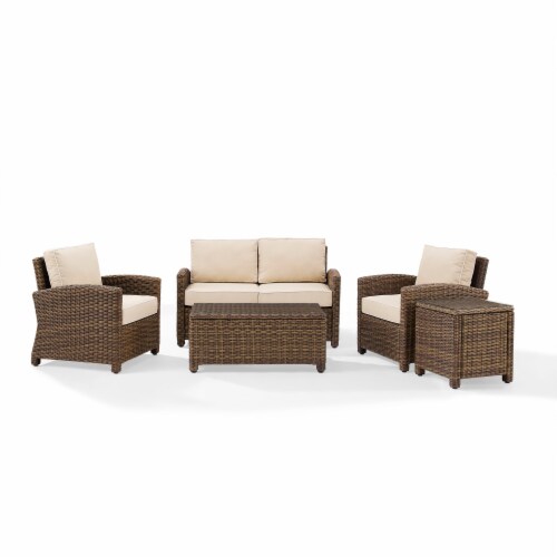 5-Piece Outdoor Wicker With Sand Cushions - Loveseat, Two Arm Chairs, Side Table Perspective: front