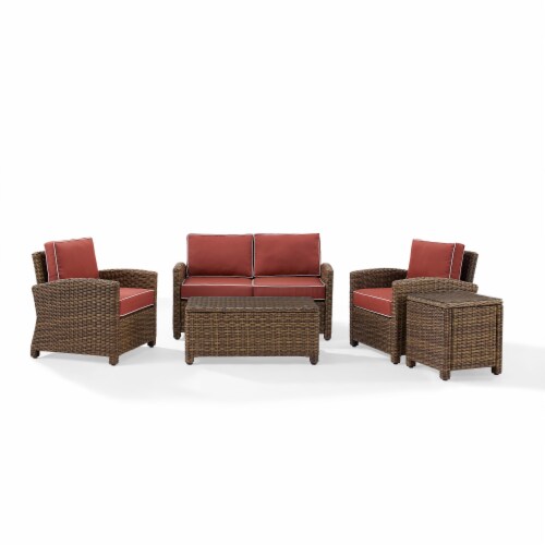 5-Piece Outdoor Wicker Loveseat, Two Arm Chairs, Side Table & Glass Top Table Perspective: front
