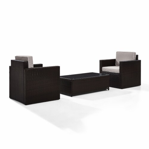 3 Piece Outdoor Seating Set With Gray Cushions - Two Outdoor Chairs & Glass Top Table Perspective: front