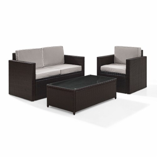 3 Piece Outdoor Wicker Seating Set With Gray Cushions - Loveseat, Chair & Glass Top Table Perspective: front