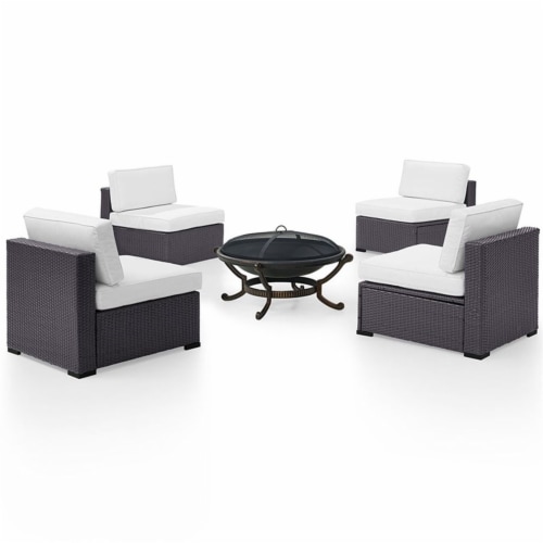 Biscayne Upholstery 5 Piece Wicker Patio Fire Pit Set in White-Crosley Perspective: front