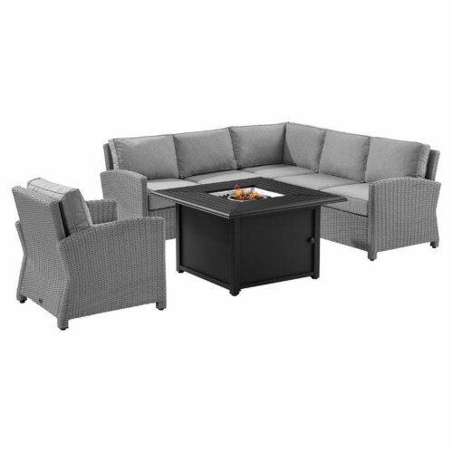 Crosley Bradenton 5 Piece Wicker Sectional Set with Fire Table in Gray Perspective: front