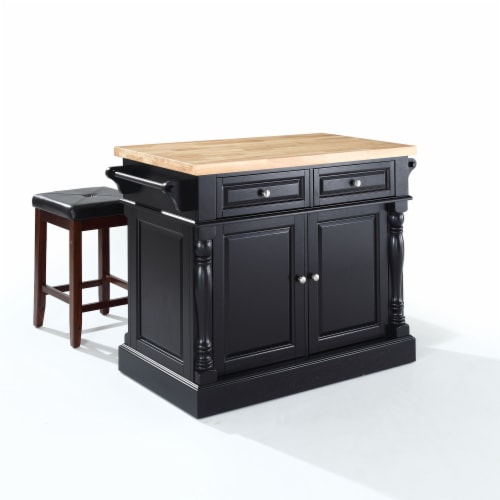 Butcher Block Top Kitchen Island In Black With 24  Black Upholstered Square Seat Stools Perspective: front