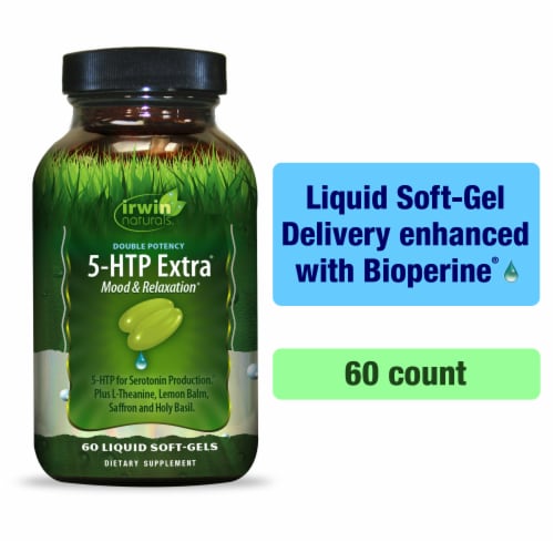 Irwin Naturals Double Potency Mood & Relaxation 5-HTP Extra Liquid Soft-Gels 60 Count Perspective: front