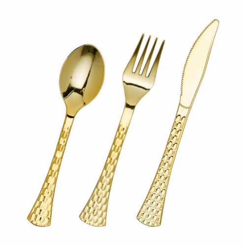 Shiny Metallic Gold Glamour Plastic Cutlery Set - Spoons, Forks and Knives (600 Guests) Perspective: front