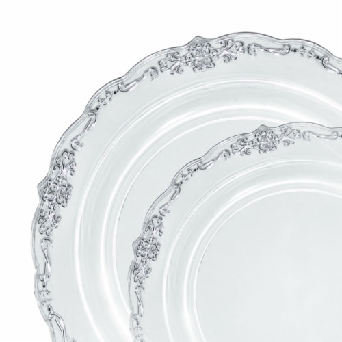 Clear with Silver Vintage Rim Round Disposable Plastic Dinnerware
