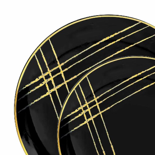 Black with Gold Brushstroke Round Disposable Plastic Dinnerware Value ...