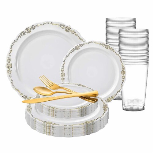 White with Gold Vintage Rim Round Disposable Plastic Wedding Value Set ...