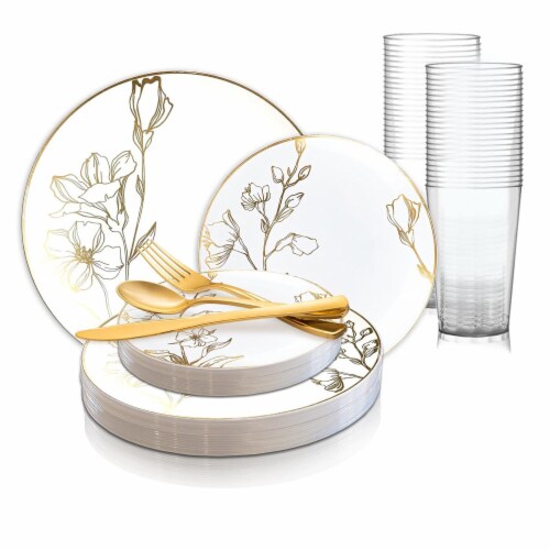 White with Gold Antique Floral Round Disposable Plastic Wedding Value ...