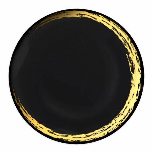 10.25  Black with Gold Moonlight Round Disposable Plastic Dinner Plates (120 Plates) Perspective: front
