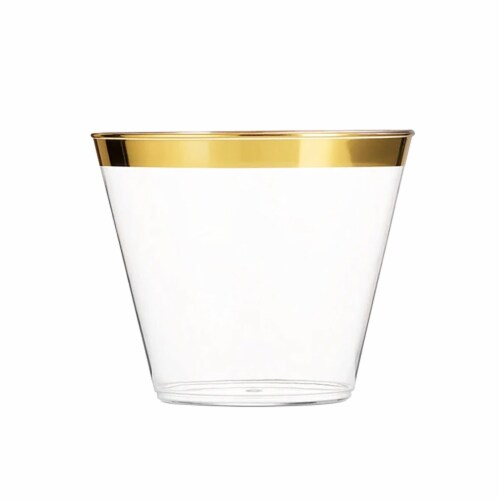 9 oz. Clear with Metallic Gold Rim Round Disposable Plastic Cups (240 Cups) Perspective: front