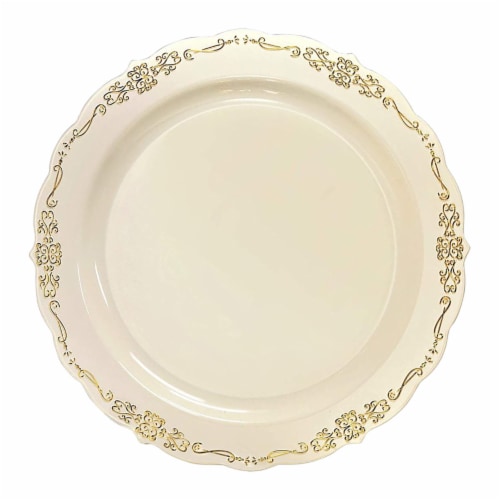 Ivory with Gold Vintage Rim Round Disposable Plastic Dinner Plates - 10 ...