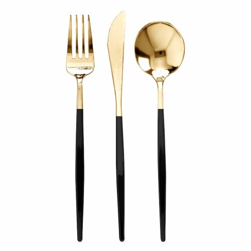 Gold with Black Handle Moderno Plastic Cutlery Set - Spoons, Forks, Knives (240 Guests) Perspective: front