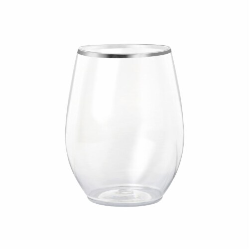 12 oz. Clear with Silver Elegant Stemless Plastic Wine Glasses (64 Glasses) Perspective: front