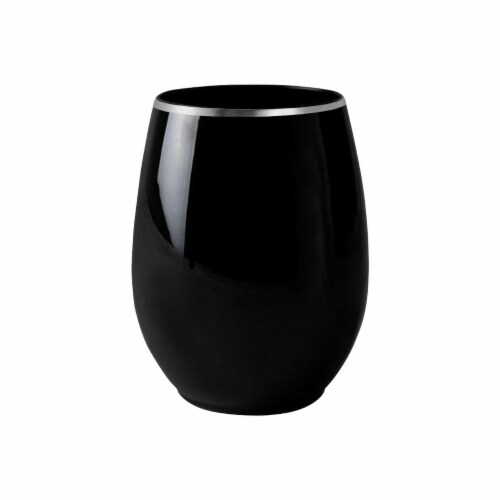 12 oz. Black with Silver Elegant Stemless Plastic Wine Glasses (64 Glasses) Perspective: front