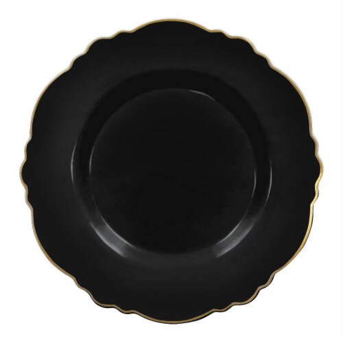 7.5  Black with Gold Rim Round Blossom Disposable Plastic Appetizer/Salad Plates (120 Plates) Perspective: front