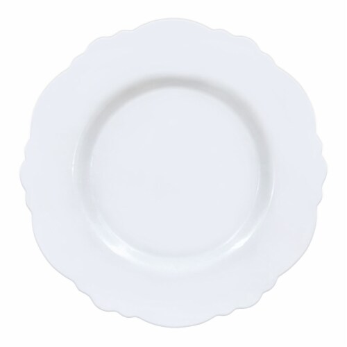 10.25  Solid White Round Blossom Disposable Plastic Dinner Plates (120 Plates) Perspective: front