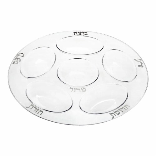 12  Clear with Silver Round Section Tray Disposable Plastic Seder Plates (24 Plates) Perspective: front