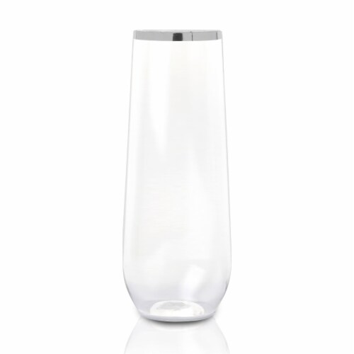 9 oz. Clear with Silver Stemless Plastic Champagne Flutes (64 Glasses) Perspective: front