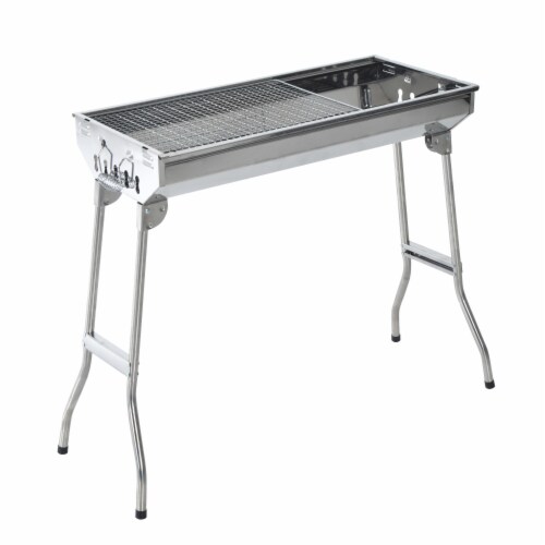 29 Fordable BBQ Charcoal Grill Stainless Steel Backyard Cooker Silver Party Perspective: front