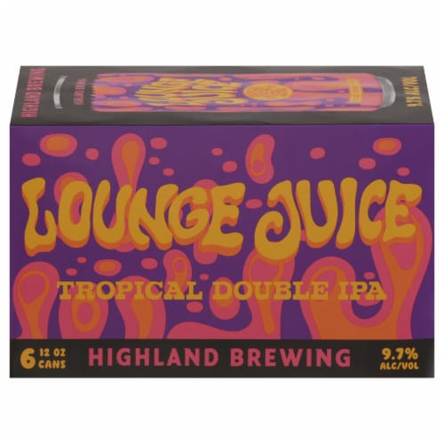 Highland Brewing Lounge Juice Tropical Double IPA Beer Cans Perspective: front