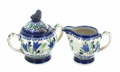Blue Rose Polish Pottery Blue Tulip Cream & Sugar Set Perspective: front