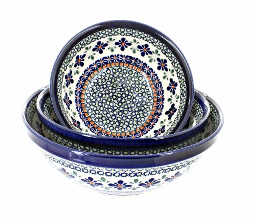 Blue Rose Polish Pottery Mosaic Flower 3 Piece Serving Bowl Set, 1