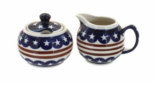 Blue Rose Polish Pottery Stars & Stripes Cream & Sugar Set Perspective: front