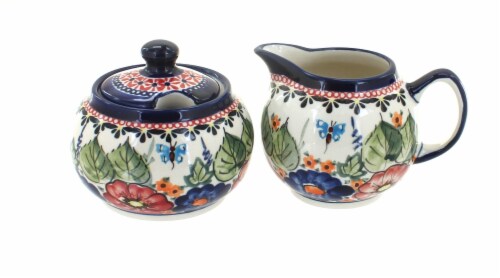 Blue Rose Polish Pottery Floral Butterfly Cream & Sugar Set Perspective: front