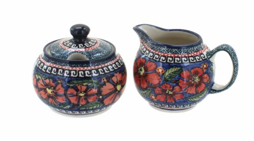 Blue Rose Polish Pottery Jungle Flower Cream & Sugar Set Perspective: front