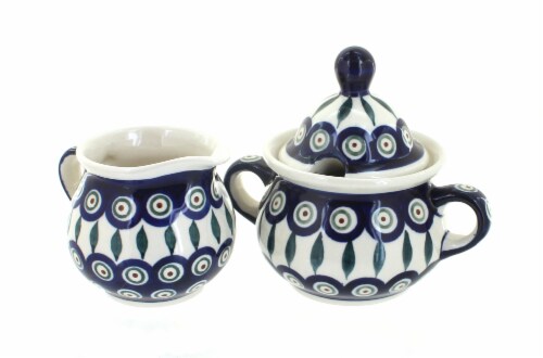 Blue Rose Polish Pottery Peacock Cream & Sugar Set Perspective: front