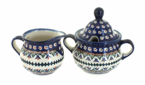 Blue Rose Polish Pottery Daisy Cream & Sugar Set Perspective: front
