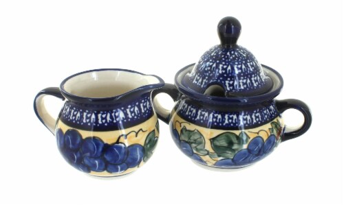 Blue Rose Polish Pottery Grapes Cream & Sugar Set Perspective: front