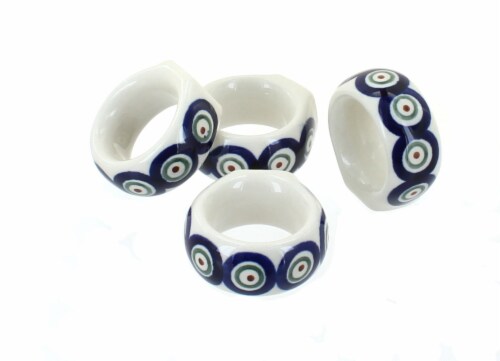 Blue Rose Polish Pottery Peacock Napkin Ring Set Perspective: front