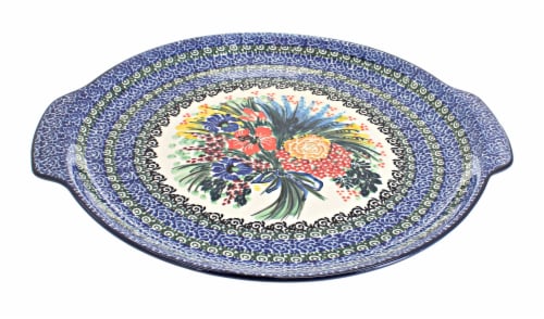 Blue Rose Polish Pottery Summer Blooms Round Serving Tray with Handles Perspective: front