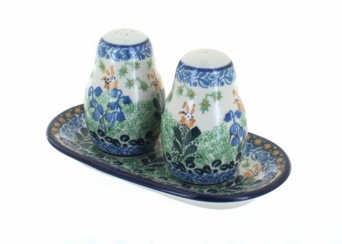 Blue Rose Polish Pottery Lily of the Valley Salt & Pepper Shakers with Tray Perspective: front