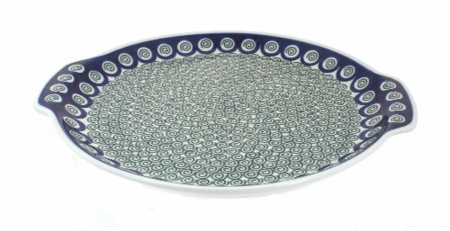 Blue Rose Polish Pottery Peacock Swirl Round Serving Tray with Handles Perspective: front