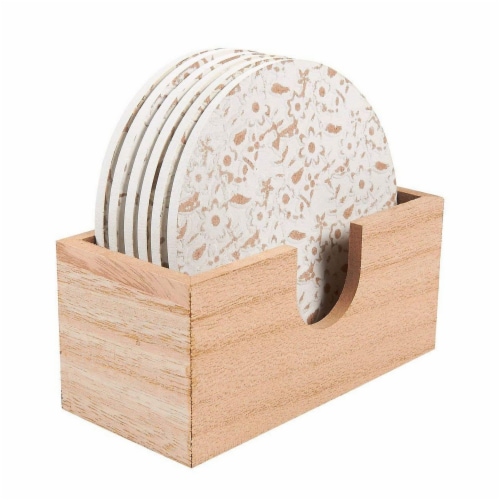 Juvale 6 Pack Round Wood Coasters with Holder, White Floral Design, 3.8 Inches Diameter Perspective: front
