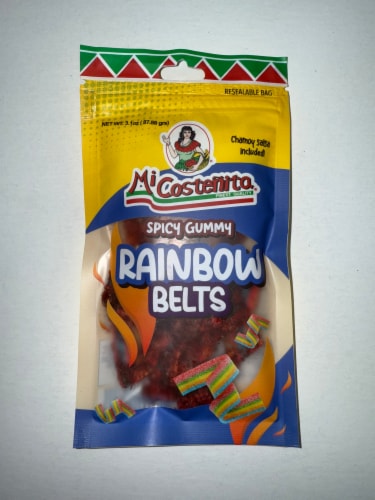 Mi Costenita® Spicy Gummy Rainbow Belts Candy Bag Perspective: front