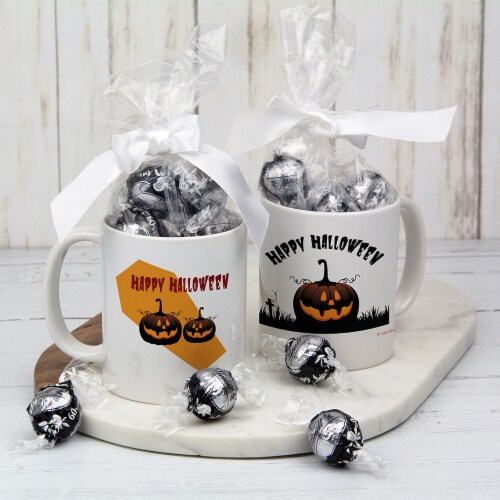 Halloween Candy Gift 11oz Coffee Mug with Dark Chocolate Truffles - Pumpkins Perspective: front