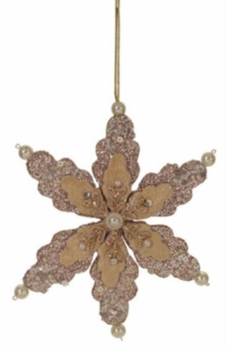 Melrose 6  Beige Glittered Snowflake with Pearls and Gems Christmas Ornament Perspective: front