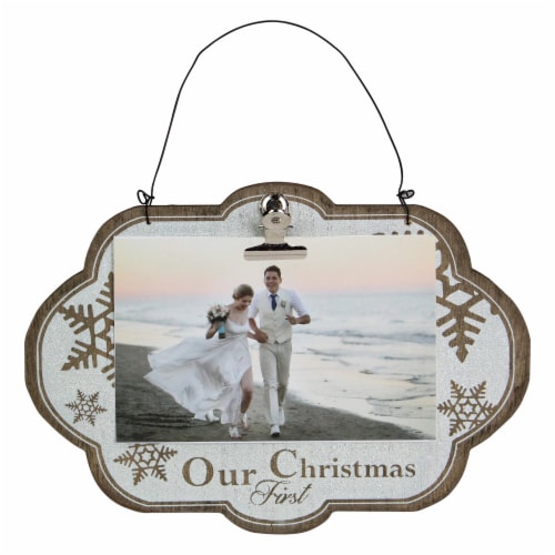 Melrose 9.5 White and Brown Our First Christmas Hanging Wooden Picture Sign Perspective: front