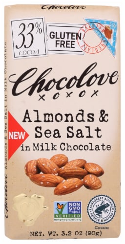 33% Cocoa Almonds and Sea Salt in Milk Chocolate Bar Perspective: front
