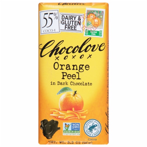 Chocolove Orange Peel in Dark Chocolate Bar Perspective: front
