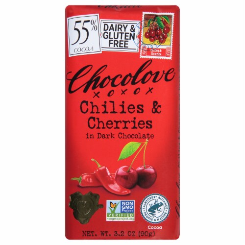 Chocolove Chilies & Cherries in 55% Dark Chocolate Bar Perspective: front