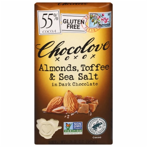 Chocolove Almonds Toffee & Sea Salt in Dark Chocolate Bar Perspective: front
