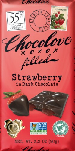 Chocolove Filled Strawberry in 55% Dark Chocolate Bar Perspective: front