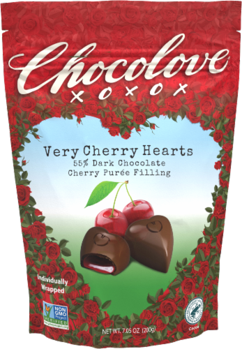 Chocolove® 55% Dark Chocolate Cherry Pur'ee Filling Candy Hearts Pouch Perspective: front